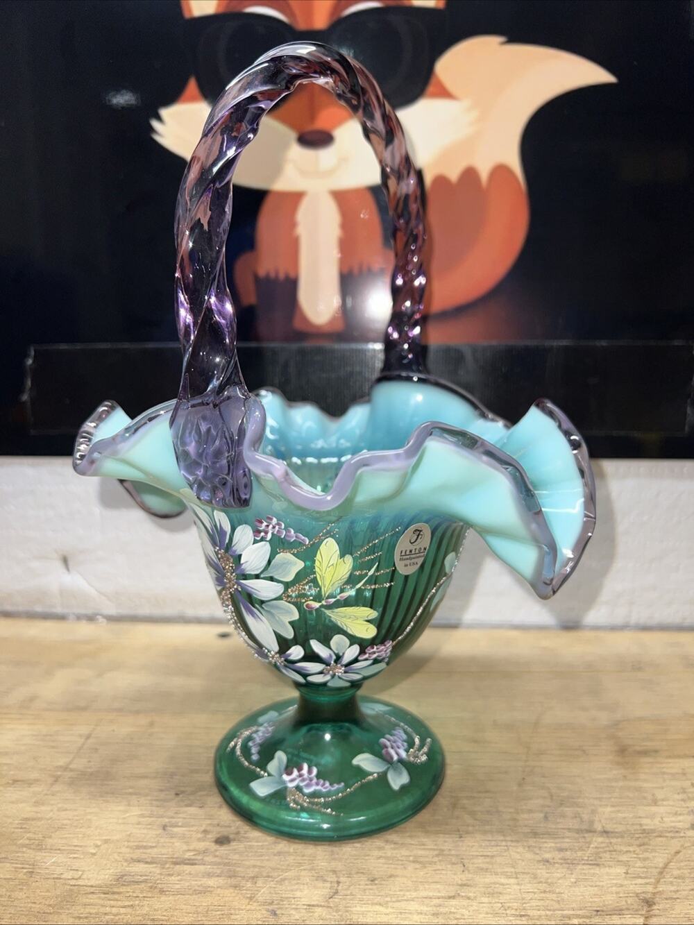 Fenton Dragon Fly Basket New Century Collection Green Opalescent Purple Handle